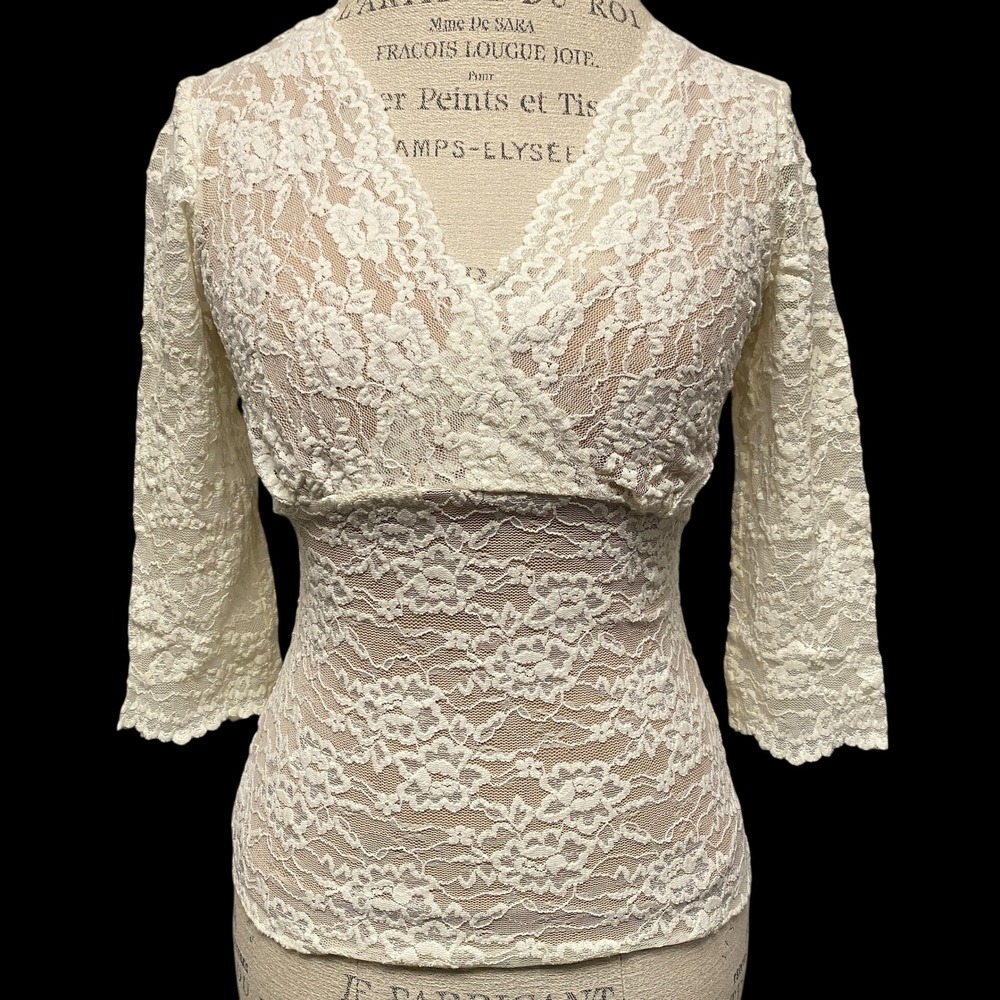 Vintage Y2K Top XS Cabi Lace Overlay Fairy Babydoll Coquette Ivory Romantic - Picture 9 of 10
